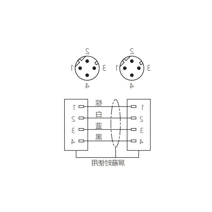 M12 4-PIN D-coded, male straight turn male straight, double-ended precast PUR flexible cable, shielded, black sheath, 64DD25-XXX